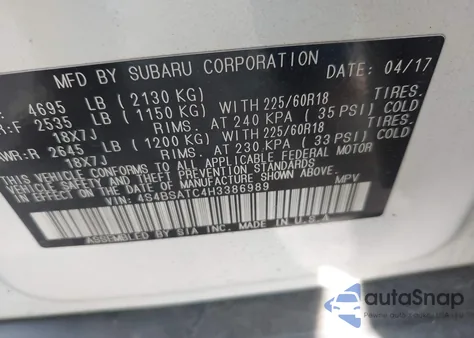 2017 Subaru Outback Touring z USA, uszkodzony, nr VIN 4S4BSATC4H3386989